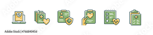 healthcare patient medical diagnosis record icon set health check-up analysis information clipboard medicine document vector illustration