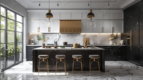 Stunning Kitchen Design: Black & White Cabinets with Gold Accents
