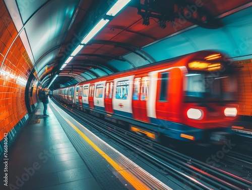 Red tube train in motion, captured perspective of someone standing on one side as it passes. Background is blur with streaks and lines representing speed and movement.