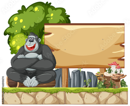 Cheerful gorilla sitting beside an empty signboard. photo