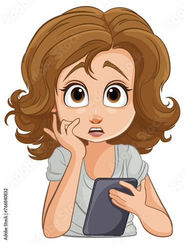 Cartoon of a concerned girl with a mobile device
