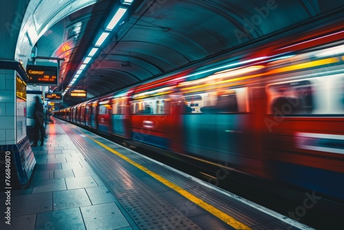 Red tube train in motion, captured perspective of someone standing on one side as it passes. Background is blur with streaks and lines representing speed and movement. © Surachetsh