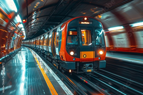Red tube train in motion, captured perspective of someone standing on one side as it passes. Background is blur with streaks and lines representing speed and movement. photo