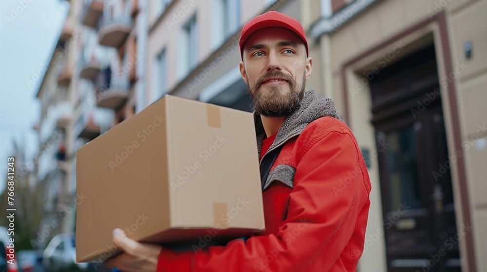 delivery man in red cap and uniform, holding cardboard box near van truck, delivering package to customer home, smiling as part of courier service delivery man in red cap and uniform, holding cardboard box near van truck, delivering package to customer home, smiling as part of courier service
