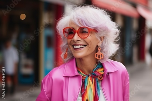 Portrait of a happy senior woman in pink coat and red sunglasses © Iigo