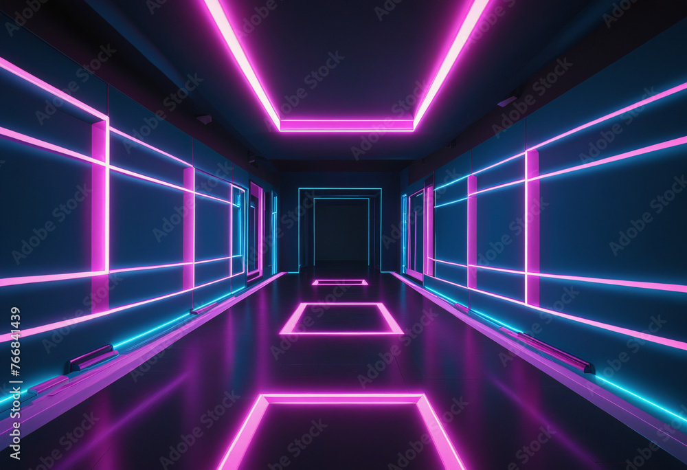 Abstract blue pink neon light background. Glowing neon lines. Geometric tunnel portal neon light. Rectangular laser lines. Night club room interior. Stage laser show. LED technology colorful backgroun