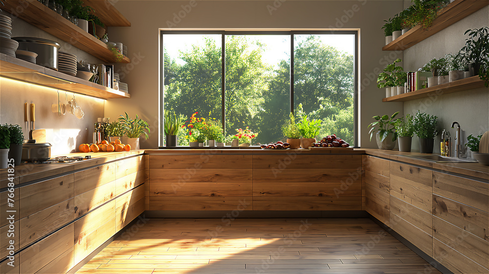 Kitchen with large windows, garden in the background.