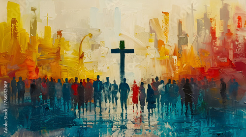A modern painting depicting a crowd of people around a Christian cross, representing faith and unity.