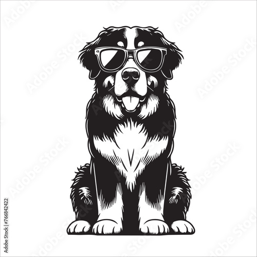 Bernese Mountain dog sitting wearing sunglasses Vector illustration in black and white 
