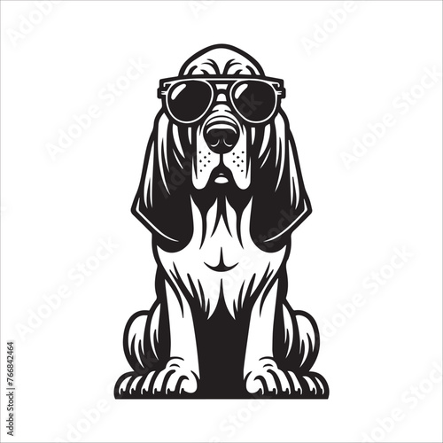 Bloodhound dog sitting wearing sunglasses Vector illustration in black and white 
