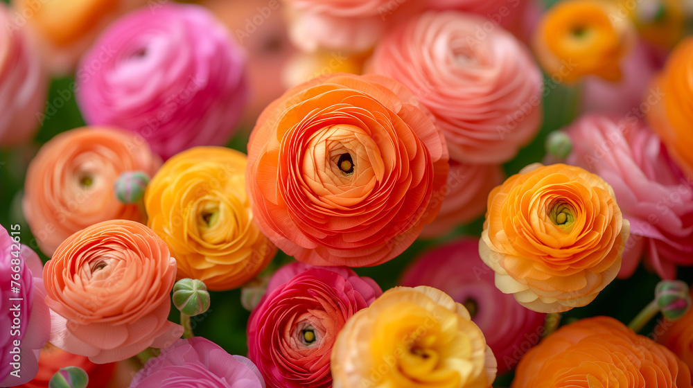 Fototapeta premium Beautiful ranunculus flowers as background, closeup. Floral design