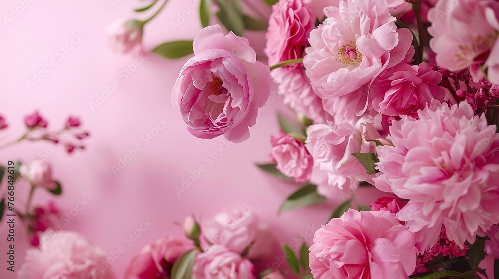 peonies and roses arranged on a pink background with ample copy space for a romantic feminine composition perfect for wedding invitations and international women day celebrations peonies and roses arranged on a pink background with ample copy space for a romantic feminine composition perfect for wedding invitations and international women day celebrations