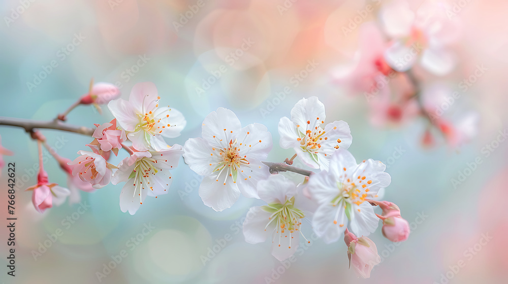 Delicate cherry blossom branches in early spring. Generative AI illustration 