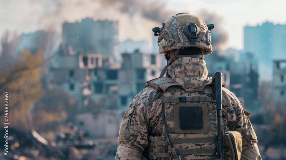 Modern War : Soldier with tactical military HUD and battlefield scenarios Modern War : Soldier with tactical military HUD and battlefield scenarios