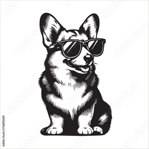 Corgi dog sitting wearing sunglasses Vector illustration in black and white 
