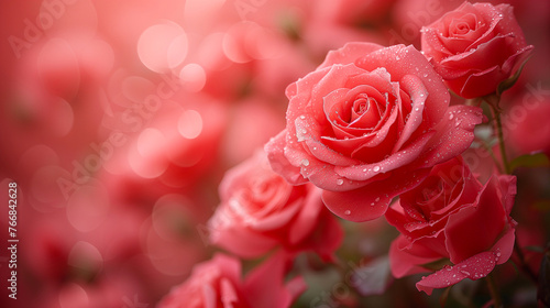 Beautiful pink rose with water drops on blurred background  valentines day concept