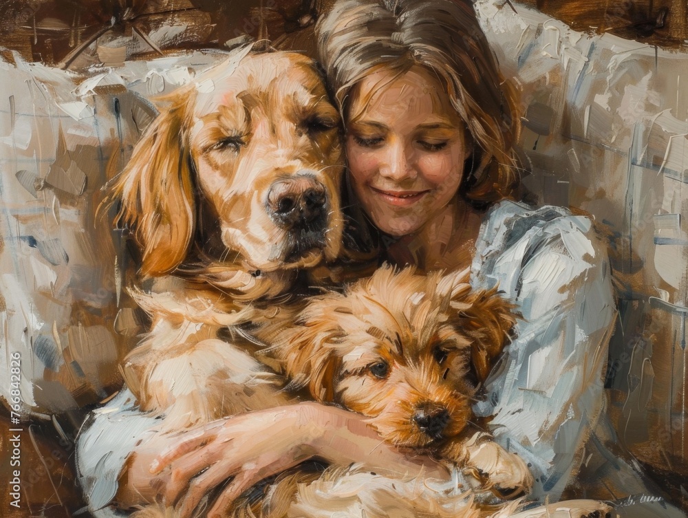 A family's joy in their home, bound by love for their cherished pet, a symbol of friendship and comfort in every hug A family's joy in their home, bound by love for their cherished pet, a symbol of friendship and comfort in every hug