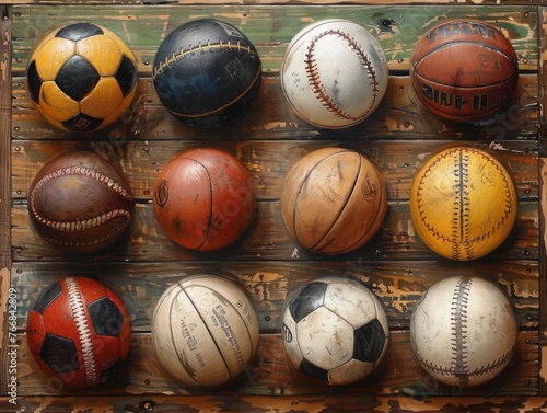 On wooden canvas  a gathering of sports balls lies  a silent ode to games  leaving room for words unspoken