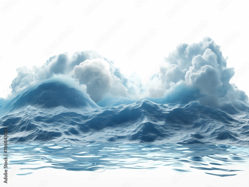 A seamless blend of towering ocean waves and fluffy clouds against a clear sky, depicting tranquility and the power of nature.