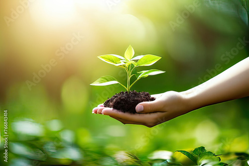 Human hands holding green sprout on blurred nature background. Ecology concept,generative AI 