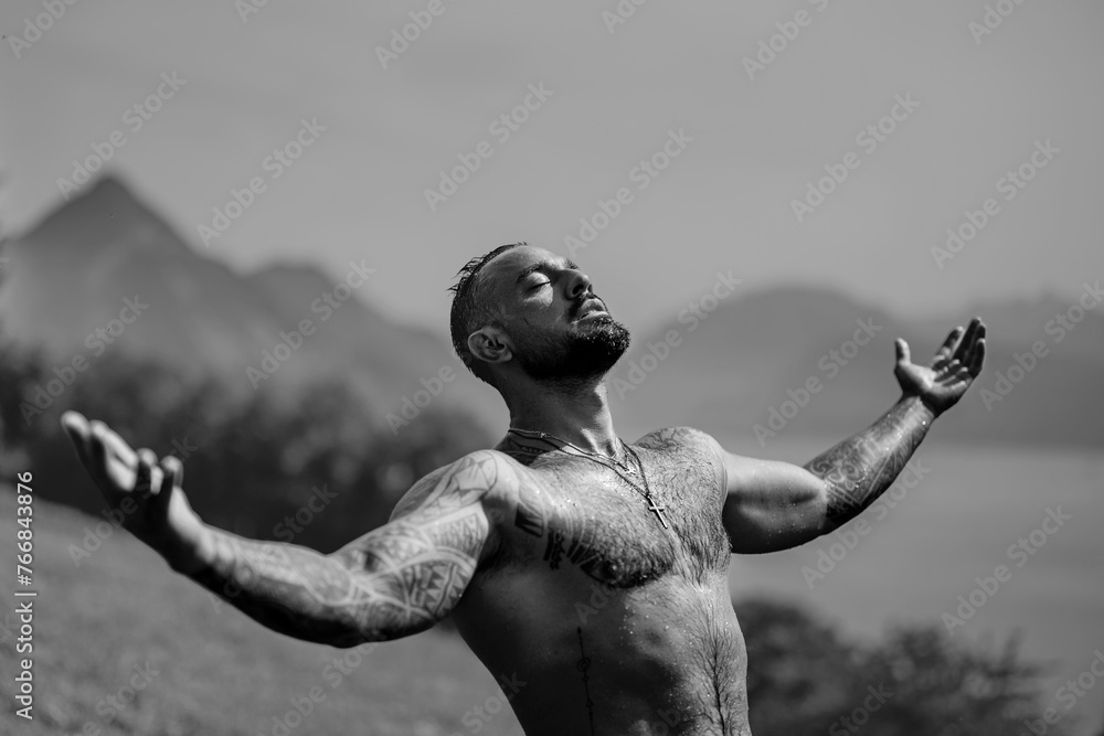 Topless male body. Sexy model. Seductive guy on nature. Handsome shirtless man in nature. Muscular male fit body. Strong athletic man. Fit male model. Healthy handsome Athletic Man outdoor. - obrazy, fototapety, plakaty 