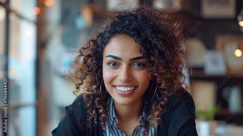 beautiful Middle Eastern manager in creative office, sitting at desk, celebrating achievement with a big smile, young stylish female with curly hair beautiful Middle Eastern manager in creative office, sitting at desk, celebrating achievement with a big smile, young stylish female with curly hair