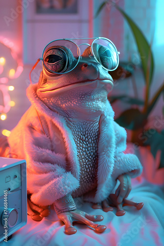 A purple robe adorned frog with electric blue goggles is perched on a pink bed. It looks like an artful amphibian ready for a plantthemed event photo