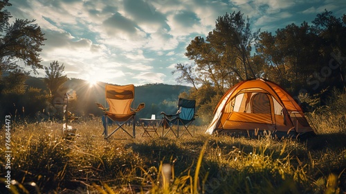 A campsite with a tent, chairs, and a table. The sun is shining on the scene