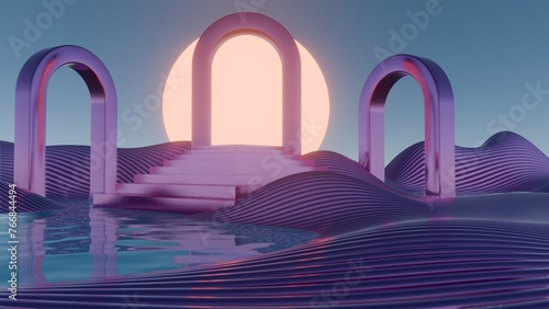 Majestic Gateway: A Passage of Arches Amidst Twilight Ripples
