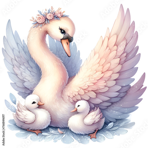 Fototapeta Naklejka Na Ścianę i Meble -  Watercolor Mom and Baby Swan Clipart Mother and Baby PNG Mother's Day Clipart Cute Woodland Animal Nursery Swan PNG For sublimation scrapbook