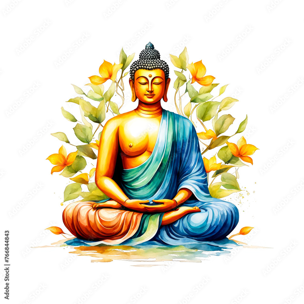 Obraz premium Gautam buddha sitting in a lotus position, bodhi tree leaves behind surrounding, watercolor illustration, clipart, vector, calm, peaceful meditation, for scrapbook, journaling, cutout on white 