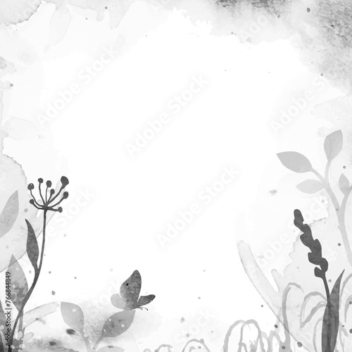 Monochrome vintage vector watercolor template with herbs, butterfly and abstract splashes. Gray nature design for invitation, poster, banner, card with place for text