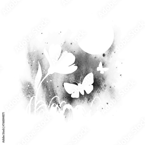 Vector silhouette of wildflower, moths and moon. Romantic watercolor abstract nature design in black and white with splash for print, poster, banner, postcard
