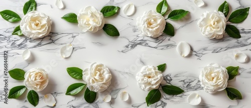   White blossoms atop marble counter, surrounded by green foliage above © Albert