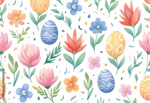 Seamless pattern with Easter eggs and flowers