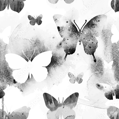 Monochrome stylish watercolor vector seamless pattern with flying butterflies and splash. Design  in black and white for textile print, page fill, wrapping paper, web