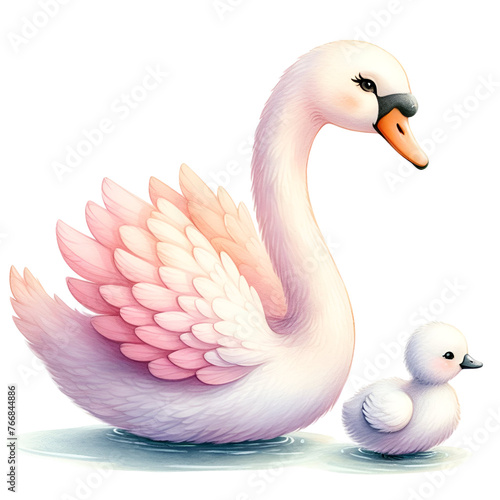 Fototapeta Naklejka Na Ścianę i Meble -  Watercolor Mom and Baby Swan Clipart Mother and Baby PNG Mother's Day Clipart Cute Woodland Animal Nursery Swan PNG For sublimation scrapbook