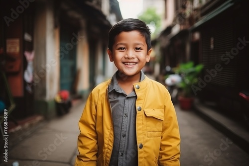 Portrait of a smiling little boy in a yellow raincoat on the street