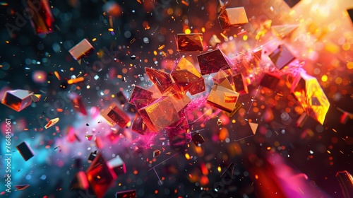 A dynamic 3D abstract scene, featuring a collision of shapes and colors in mid-air. Splashes of neon paint against a black void, with shards of geometric forms frozen in time. photo