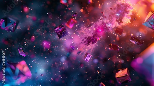 A dynamic 3D abstract scene, featuring a collision of shapes and colors in mid-air. Splashes of neon paint against a black void, with shards of geometric forms frozen in time.