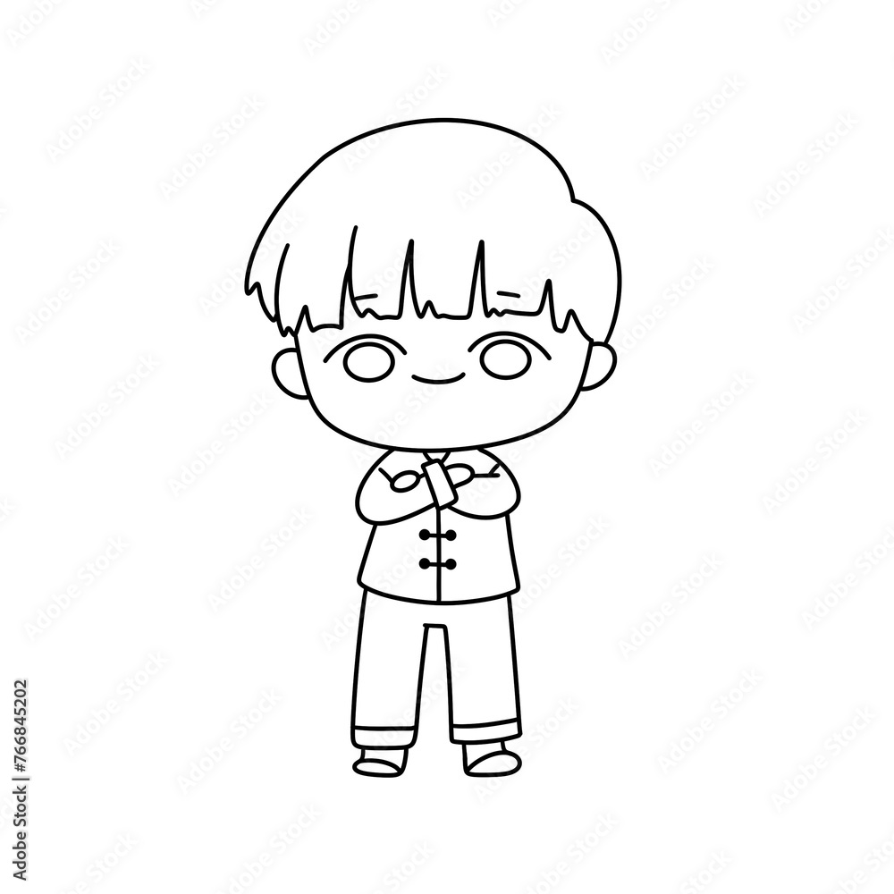 A cartoon boy is standing with his arms crossed and a smile on his face