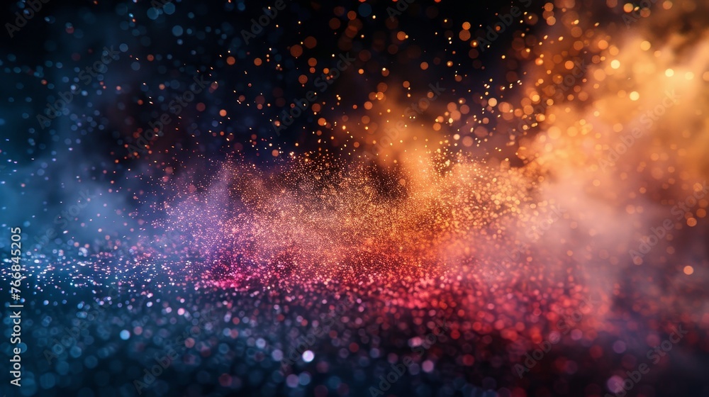 Dynamic 3D rendering of an abstract scene, with explosive particle effects from red and orange to cool blue and purple, on a deep black background