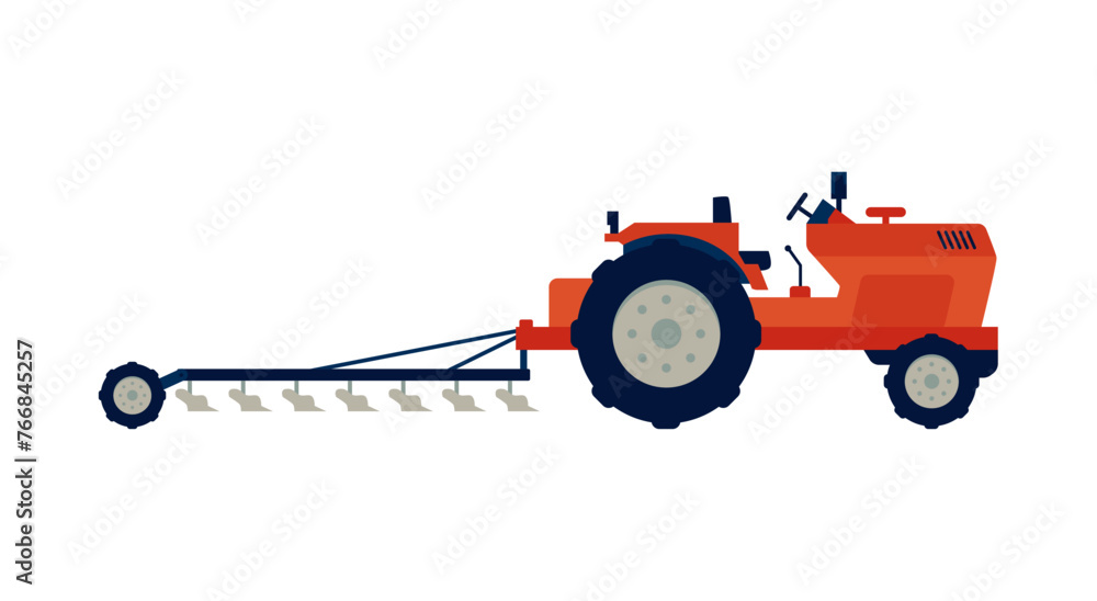 Fototapeta premium Cartoon red tractor with plow, cultivation farm machinery, vector industrial vehicle for plowing a field, agriculture