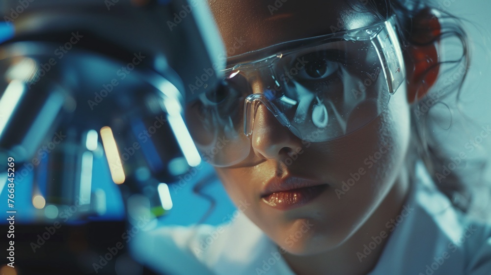 caucasian female scientist working in medical development laboratory, microscope analysis of petri dish sample, advanced research in pharma lab caucasian female scientist working in medical development laboratory, microscope analysis of petri dish sample, advanced research in pharma lab