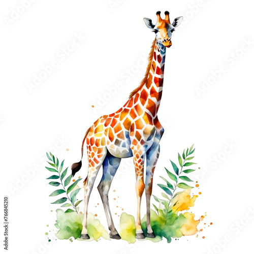 Watercolor illustration of Giraffe standing   with leaves around  vector  clipart  wild animal  vibrant  cute tall  cutout on white background