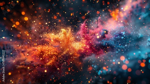 Dynamic 3D rendering of an abstract scene  with explosive particle effects from red and orange to cool blue and purple  on a deep black background