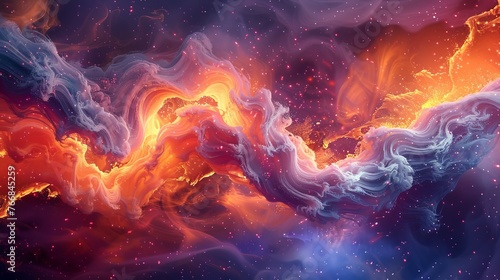 A dynamic 3D representation of a cosmic storm, where swirling gases and particles form a vortex of color and light. Abstract background of the beauty of celestial phenomena