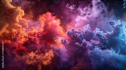 Dynamic 3D rendering of an abstract scene, with explosive particle effects from red and orange to cool blue and purple, on a deep black background