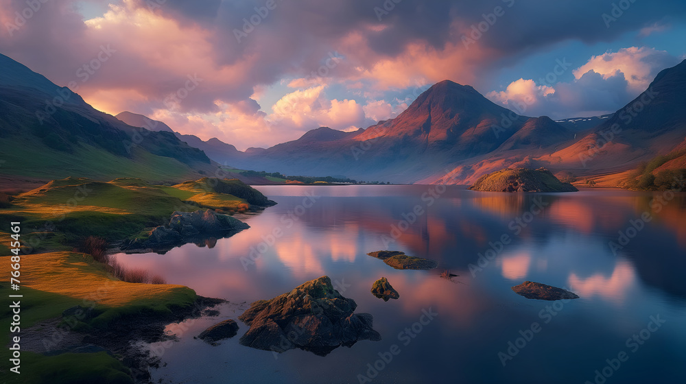 Idyllic Lake District: Golden Hues Bathe Serene Lakes, Mountains & Villages - obrazy, fototapety, plakaty 