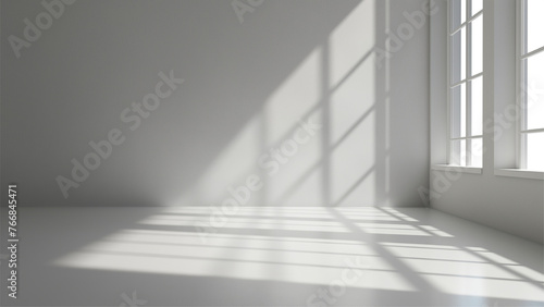 grey shadow studio showcase  shadow sunshine and sunbeam reflection on white wall and floor in empty luxury studio